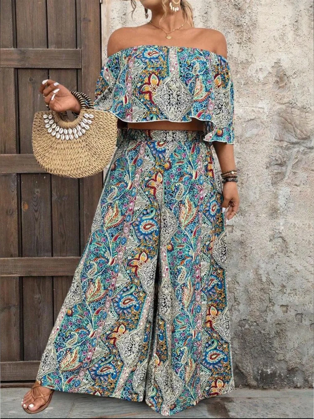 Plus Size Floral Off-Shoulder Crop Top and Wide Leg Pants Set - Blue Multi